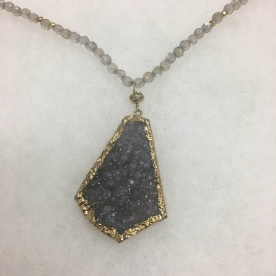Druzy, Labradorite, and Gold Pyrite Beaded Necklace